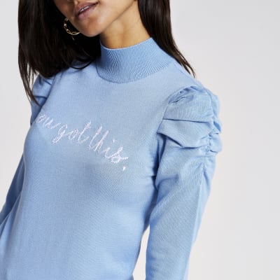 RI Petite - Blauwe gebreide pullover met 'You got this'-tekst