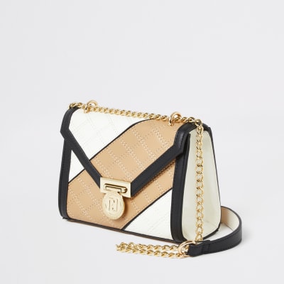 Lichtbeige-bruin doorgestikte crossbodytas