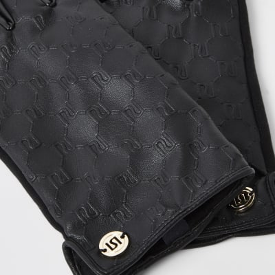 Gants noirs en cuir synthétique avec imprimé RI en relief