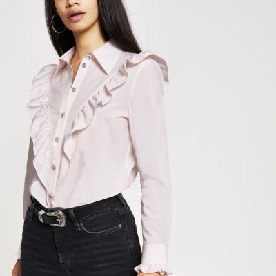 Roze overhemd met lange mouwen en ruches