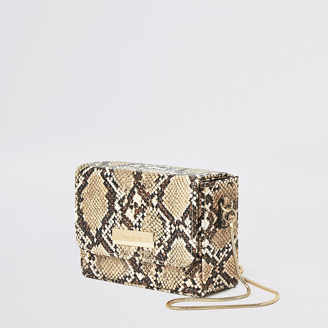Beige snake print mini cross body bag
