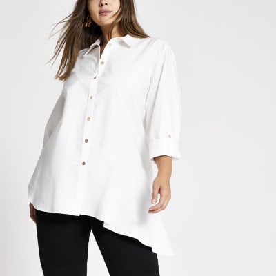 Plus – Weißes, asymmetrisches Langarmhemd