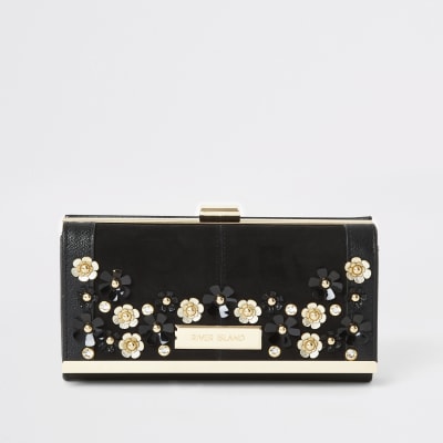 Porte-monnaie noir fleuri orné avec fermoir clip 