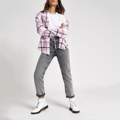 Roze geruit ruimvallend overhemd met lange mouwen