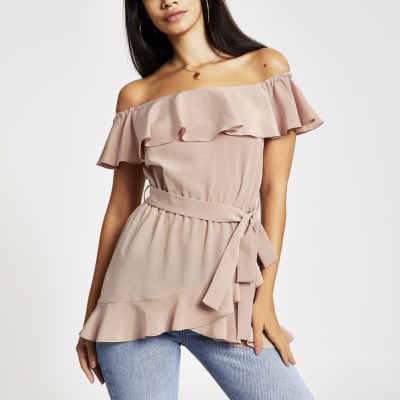 Roze bardottop met ruches