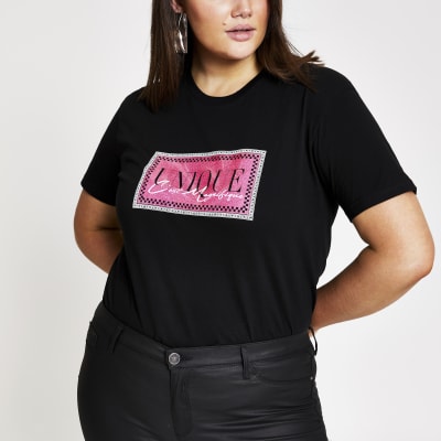 RI Plus - Zwart T-shirt met glitter en print