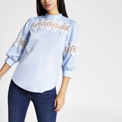 Blaues, langäermeliges Spitzenoberteil