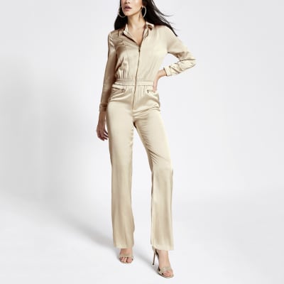 Beige satin zip front boiler jumpsuit