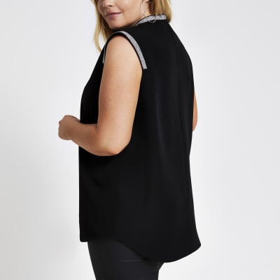 Plus black diamante sleeveless tank top