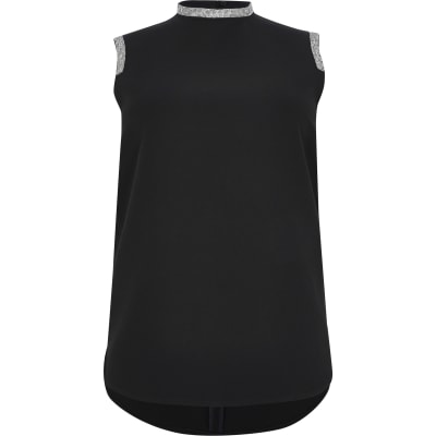 Plus black diamante sleeveless tank top