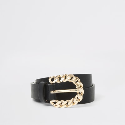 Zwarte skinny-riem met gouden ketting en gesp