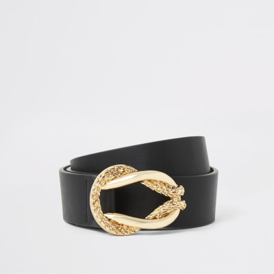 Black gold rope twist buckle belt
