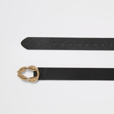 Ceinture noire à boucle en corde torsadée dorée 