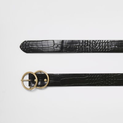 Ceinture noire effet croco en relief avec double boucle dorée