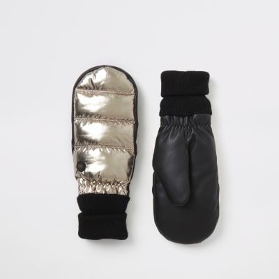 Gepolsterte Lederfäustlinge in Gold-Metallic mit Bund