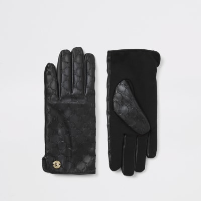 Zwarte leren handschoenen met RI-monogram in reliëf