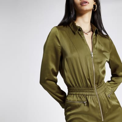 Kaki satijnen boiler jumpsuit met rits voor