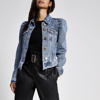 Petite puff sleeve denim jacket
