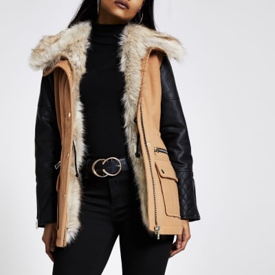 Petite - Veste marron avec manches en cuir synthétique 