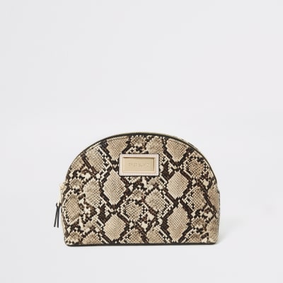Trousse de maquillage beige imprimé serpent à zip
