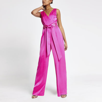 Neon pink buckle waist jumpsuit