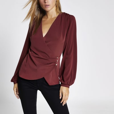Donkerrode overslagblouse met lange mouwen