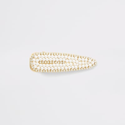 Goldfarbene Haarspange mit Perlen und Diamanten