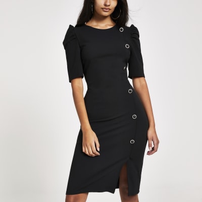 Black button front puff sleeve midi dress