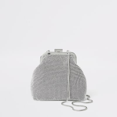 Silver diamante tassel cliptop bag