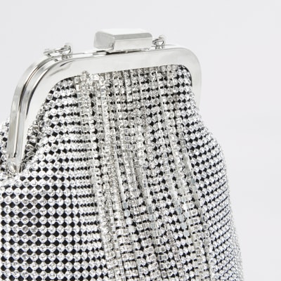 Silver diamante tassel cliptop bag