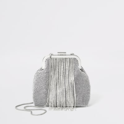 Silver diamante tassel cliptop bag