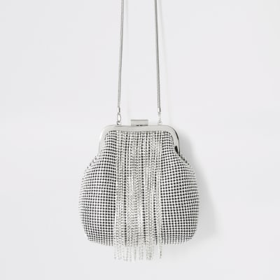 Silver diamante tassel cliptop bag