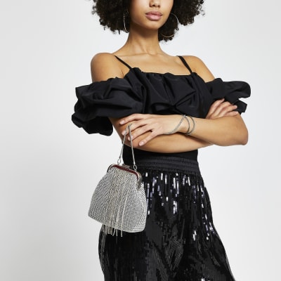 Silver diamante tassel cliptop bag