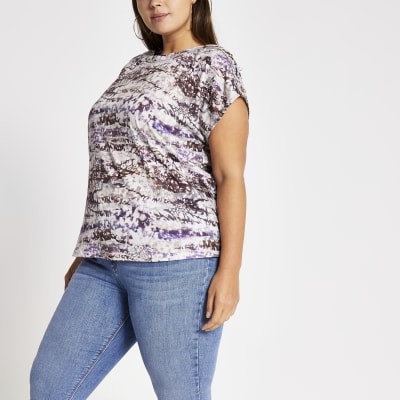 Lila „boat neck“ T-Shirt mit Batik-Print