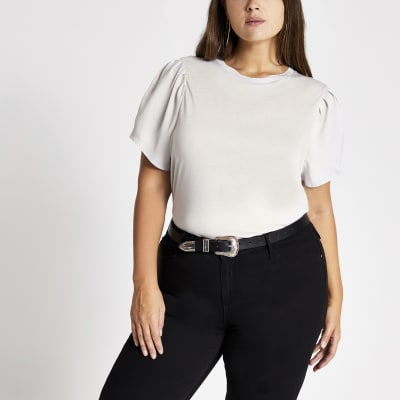 Plus Graues T-Shirt aus Satin mit Puffärmeln