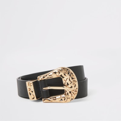 Ceinture noir à boucle style western or rose