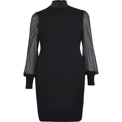 Plus black long mesh sleeve midi dress