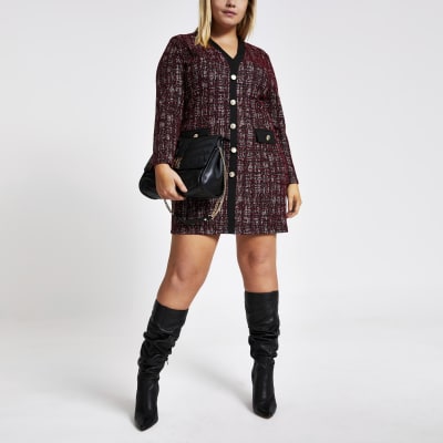 Plus – Rotes Strickkleid aus Bouclé mit Karomuster