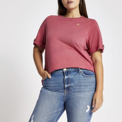Plus – Pinkes Loose Fit T-Shirt mit umgeschlagenen Ärmeln von RI
