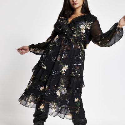 Plus black embellished midi smock dress