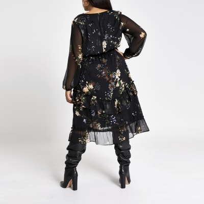 Plus black embellished midi smock dress
