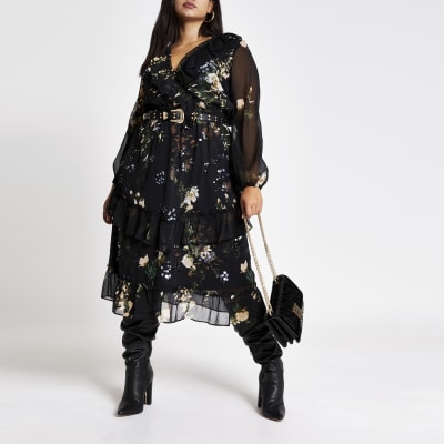 Plus black embellished midi smock dress