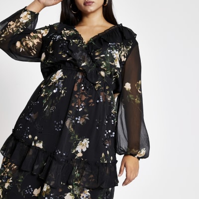 Plus black embellished midi smock dress