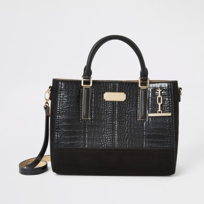 Schwarze Tote Bag mit T-Riemen und Kokoprägung