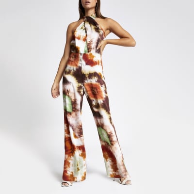 Bruine tie-dye jumpsuit met gekruiste hals