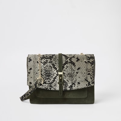 Sac à bandoulière en cuir kaki à imprimé serpent