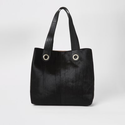Schwarze Shopper-Beuteltasche aus Leder