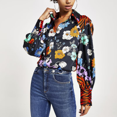 Purple printed long sleeve boyfriend shirt