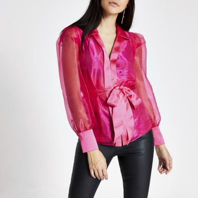 Roze organza top met strikceintuur en lange mouwen