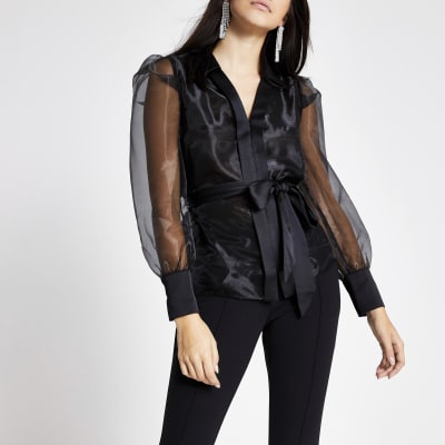 Black organza tie waist shirt